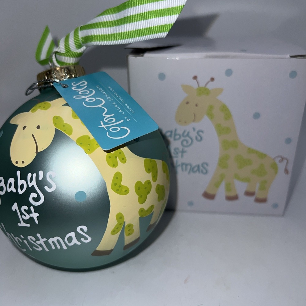 New Coton Colors by Laura Johnson Baby's 1st Christmas Ornament - Blue w/Giraffe